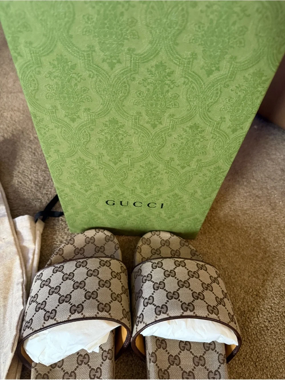 Gucci• Supreme Beige Monogram GG Slides